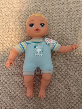 My Sweet Love Walmart Blue Baby Doll Plush Soft-Body Toy NEW with Puppy Graphic